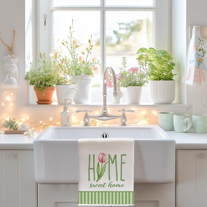 Tulip Hello Spring Kitchen Towels Set of 2,Green Floral Dish Hand Towels Farmhouse Indoor Outdoor Holiday Seasonal Decorations DD094