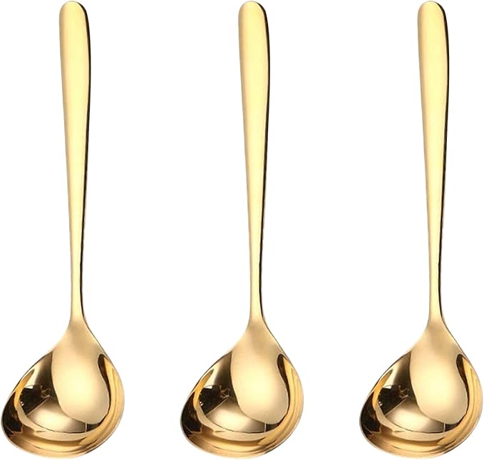 GuDoQi Soup Ladle, 3 Pack Durable 304 Stainless Steel with Polished Titanium Plated Big Volume Soup Spoon, Kitchen Gadget Utensil,8 Inch, Gold