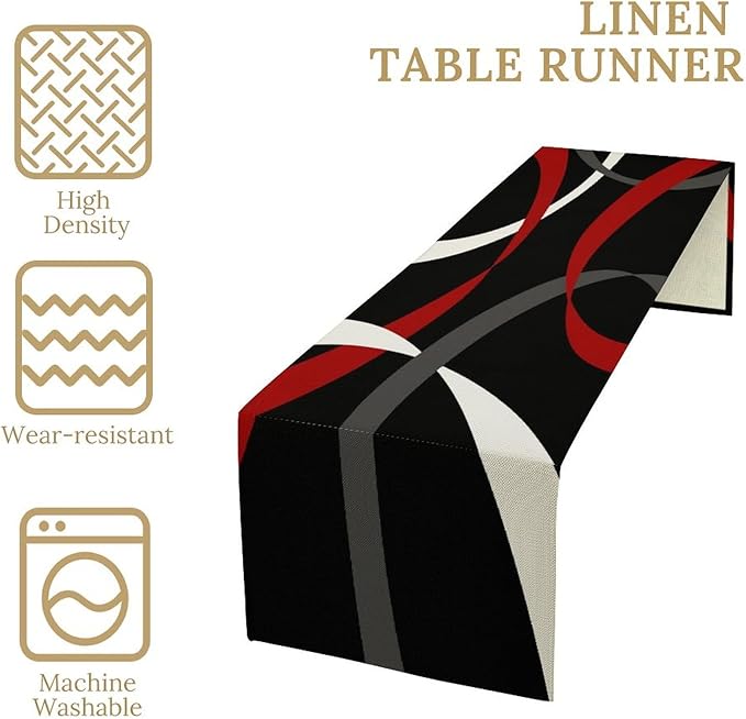 Abstract Geometric Table Runner Red Grey and White Striped Black Background Modern Kitchen Dinner Runner for Indoor Home Living Room Party Dining Table Decoration 13"x36"
