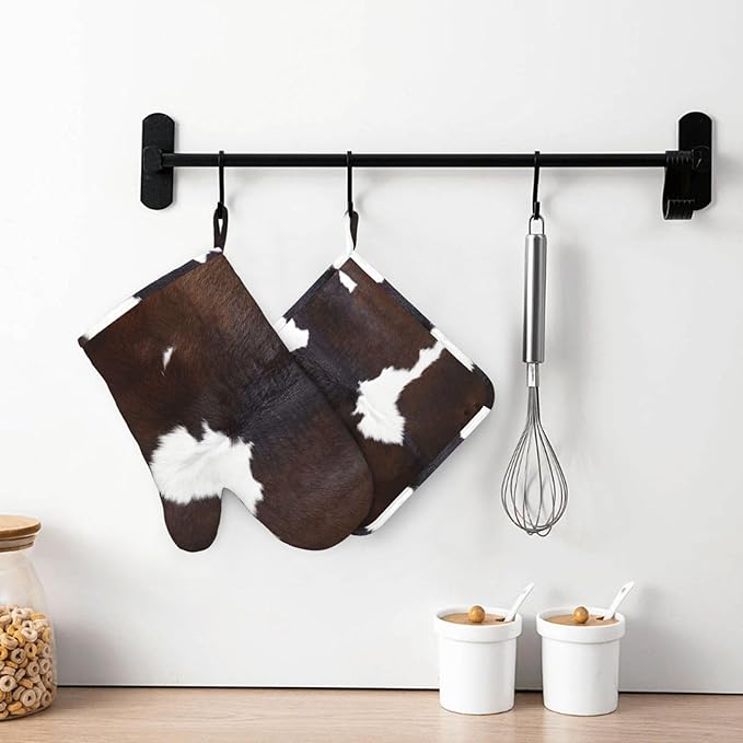 Cow Skin Print Oven Mitts and Pot Holders 4 pcs Set Silicone Brown Cow Print Kitchen Oven Mitt Gloves Pot Holders Non-Slip Heat Resistant Cooking Mitts Set for Kitchen Baking Grilling BBQ
