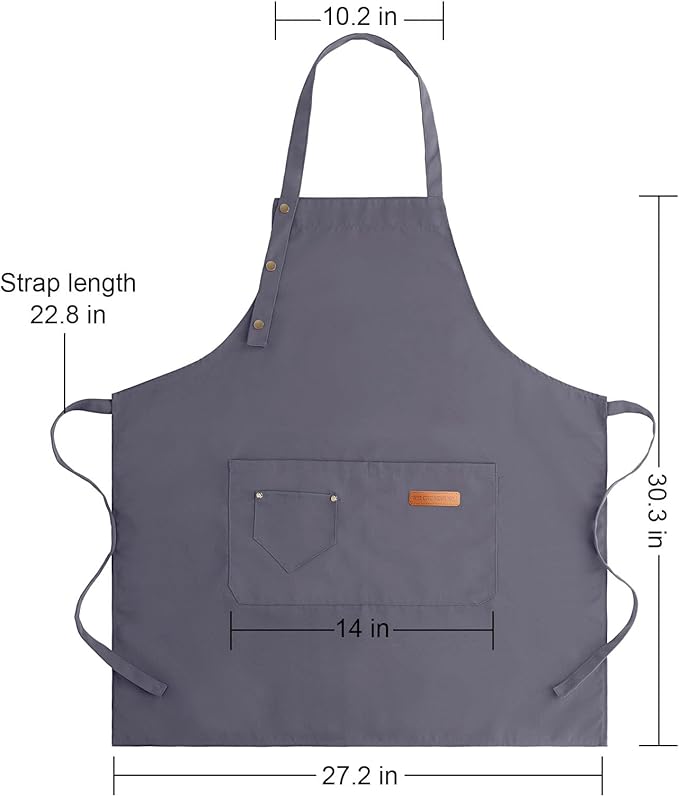 Apron for Men Women with Adjustable Straps and Large Pockets, Canvas Cotton Cooking Kitchen Chef Bib Aprons Waterproof Grey