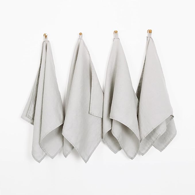 100% Linen Tea Towels - 14 x 28 Inch Pure French Linen Kitchen Dish and Hand Towels (Set of 4) (Light Grey)