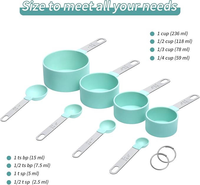 Measuring Cups Set Measuring Spoons Set, Nesting Measure Cups with Stainless Steel Handle, For Measuring Dry and Liquid Ingredients Small Teaspoon with Plastic Head (Mint Green)