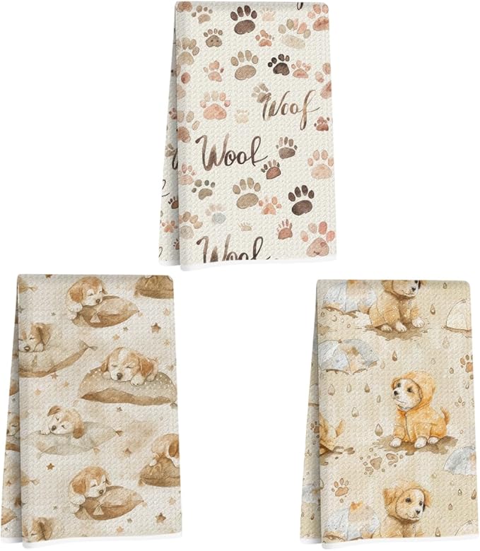 3 Pcs Adorable Dog Portrait Kitchen Towels, Watercolor Decorative Absorbent Microfiber Dish Cloth Tea Towel, Vintage Waffle Soft Hand Towels for Kitchen Home Bathroom, Dog Lover Gifts