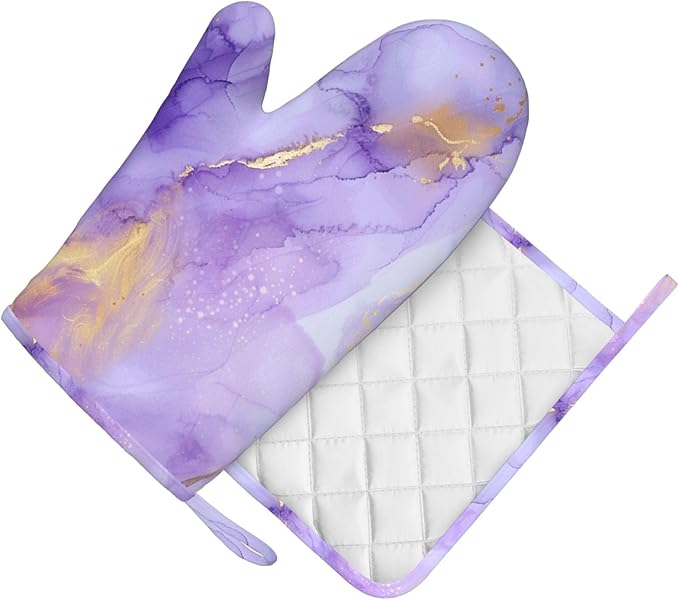 Oven Mitts and Pot Holders Pastel Purple Marble Silicone Kitchen Accessories Set of 2 Heat Resistant Long Gloves Potholder Non-Slip Grip for Chef Cooking Baking Grilling BBQ