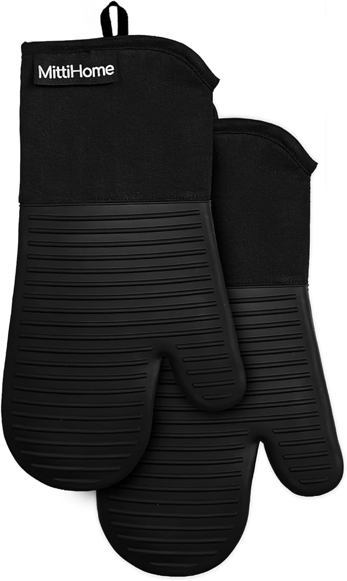MittiHome™ Heat Resistant Oven Mitts (Set of 2) – 500°F Non-Slip Silicone Kitchen Gloves with Quilted Cotton Comfort (Black)
