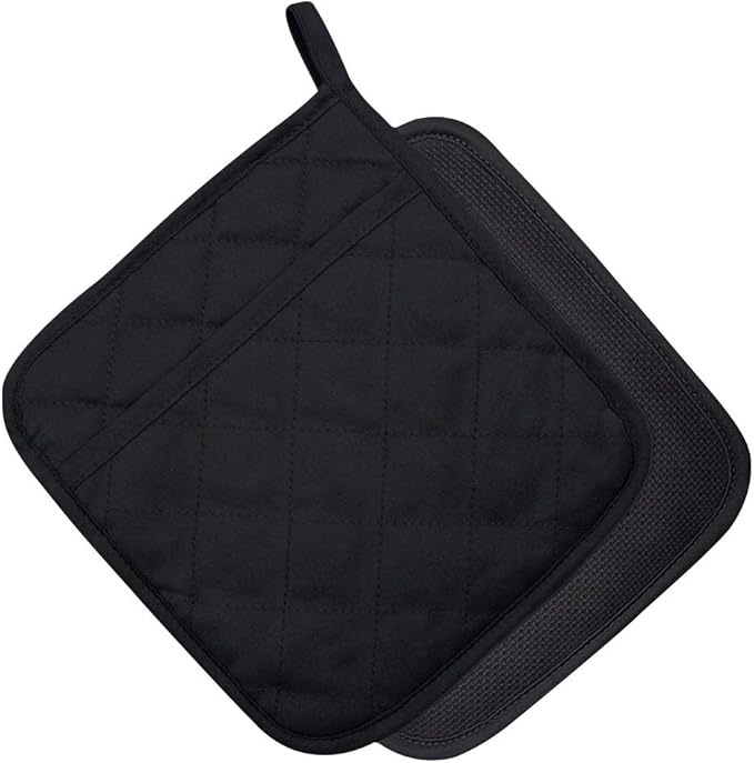 2Pcs Cotton and Neoprene Oven Pads Pot Holders with Pocket 8"x8.5" Dual-Function Hot Pad Set for Finger Hand Wrist Protection Heat Resistant to 428°F,Black