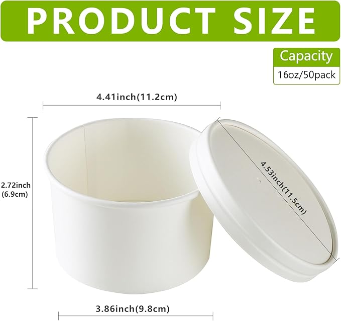 50 Count (16 oz) One - Pint Frozen Dessert Containers with Lids, Ice Cream Cups with Lids, Paper Soup Containers with lids(Wide Mouth)
