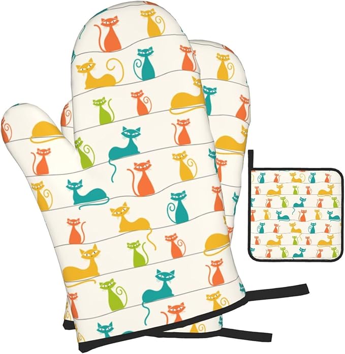 Mid Century Modern Cats Oven Mitts and Pot Holders Set Heat Resistant Cute Oven Gloves for BBQ Baking Grilling Cooks Kitchen Decor 3 Piece