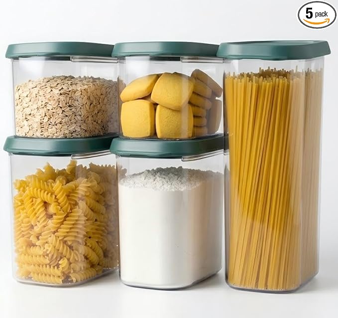 OMIO 5-Piece Airtight Food Storage Containers Set | BPA-Free Plastic Canisters with Easy Snap Lids for Dry Food, Pantry, Kitchen | Organize Cereal, Grains, Snacks, Flour, Sugar