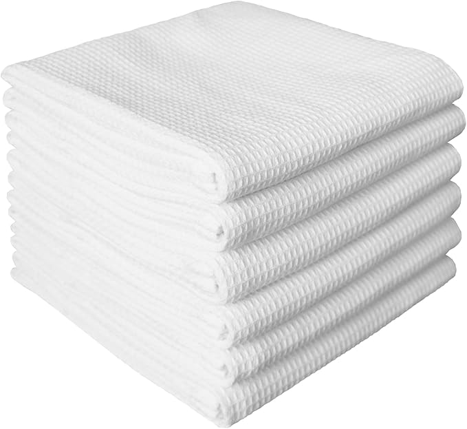 QUILTINA Dish Towels Set - 6 Pack White 17 x 25 Inches 100% Cotton Waffle Weave Kitchen Towels, Ultra Soft Absorbent Quick Dish Towels for Kitchen Cleaning and Drying