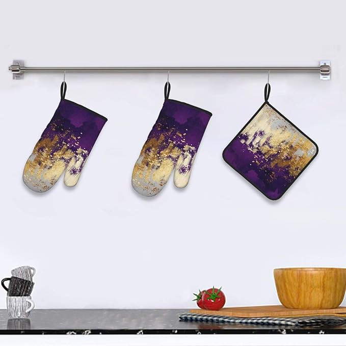 3 - Piece Purple and Gold Splash Patterned Oven Mitts and Pot Holders Set, Heat Resistant Non-Slip Modern Abstract Art Purple Kitchen Gloves for Cooking Baking Grilling, Gifts for Women, Home Decor
