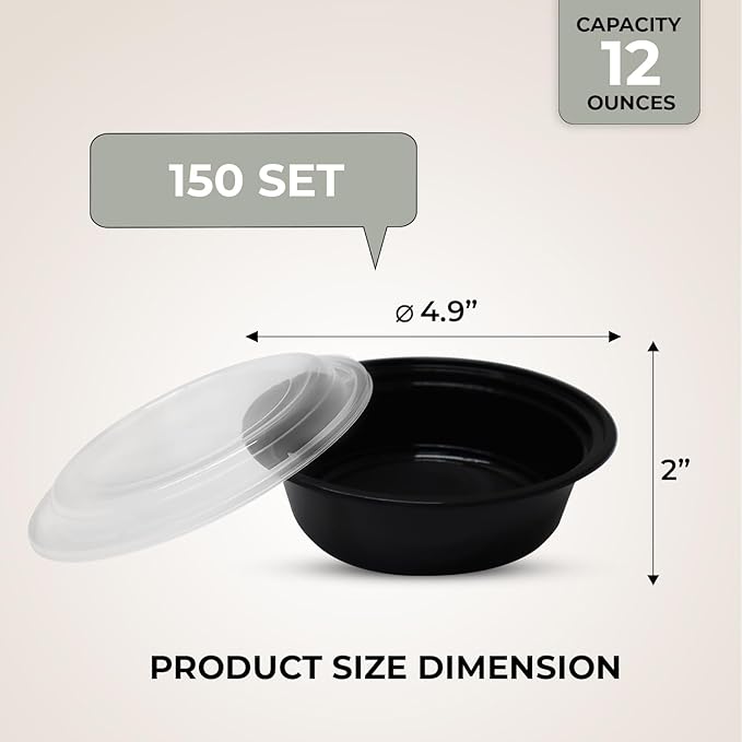 Klex 12 Oz, 300 Sets Meal Prep Containers with Airtight Lids, BPA Free, Reusable Plastic Food Container, 12 oz, Round, Black/Clear, 300 Sets
