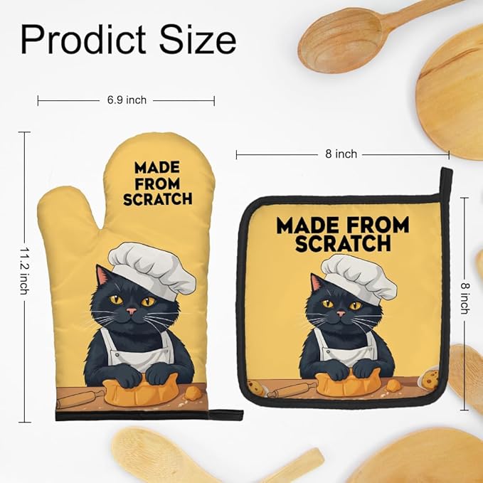 DYJYBMY Made from Scratch Funny Cat Oven Mitts and Pot Holder Set, Funny Kitchen Gadgets for Women Cat Lover, Birthday Gifts for Bake Lover Chef Cat Mom, Baking Gifts for Mom Wife Sister BFF Friend
