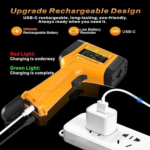 Rechargeable IR Thermometer Gun, -58°F~1472°F Non-Contact Laser Thermometer Gun, High Accuracy Digital Infrared Temperature Gun for Cooking, Griddle, Oven, Meat Food, HVAC, Automotive, Industrial Use