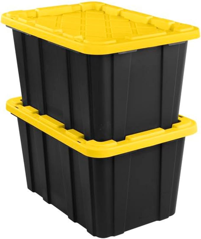 Sterilite 8-Pack 27 Gallon Industrial Storage Tote, Heavy-Duty Plastic Bins, Black/Yellow - Stackable Utility Organizers with Lids for Garage, Camping Tools, and Outdoor Gear