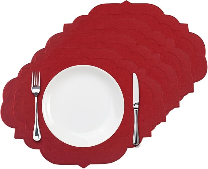 Cotton Linen Oval Placemats Set of 4, HADEEONG Table Mats Cloth Placemats, Washable Wrinkle Resistance, Scalloped & Embroidered Fabric Placemats, 17.71 x 13.77inch (Wine Red, 4)