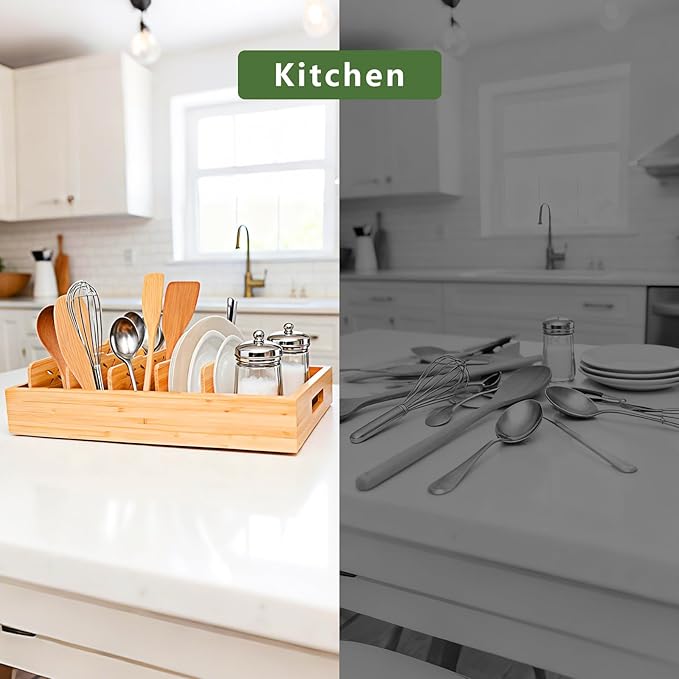 Bamboo Drawer & Counter Organizer Tray with Adjustable Dividers, Versatile Organizer for Bathroom, Kitchen, Desk & Kids' Items