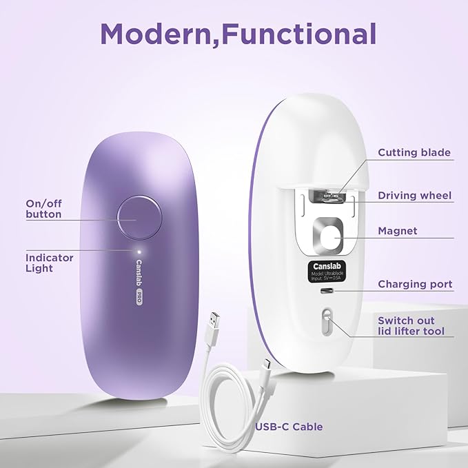 Canslab Ultrablade PRO Auto Stop Can Opener - Rechargeable Electric Can Opener for Kitchen for Seniors with Arthritis - One Touch Side Cut Opener, Smooth Edge, Lilac
