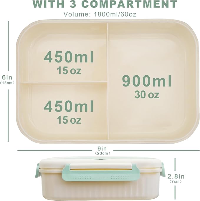 Bento Box for Adults, 1800 ML Bento Lunch Box for Kids Girls Boys with Spoon & Fork, 3-Compartment Lunch Containers, Microwave & Dishwasher Safe, BPA-Free and Food-Safe Materials(Light Green)