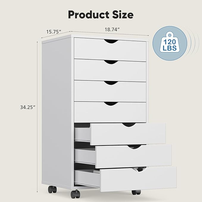 OLIXIS 7 Drawer File Cabinet, Mobile Filing Cabinet Under Desk Storage Organization with Wheels, Vertical Filing Chest Rolling Wood Small Desk Printer Stand for Home Office, White