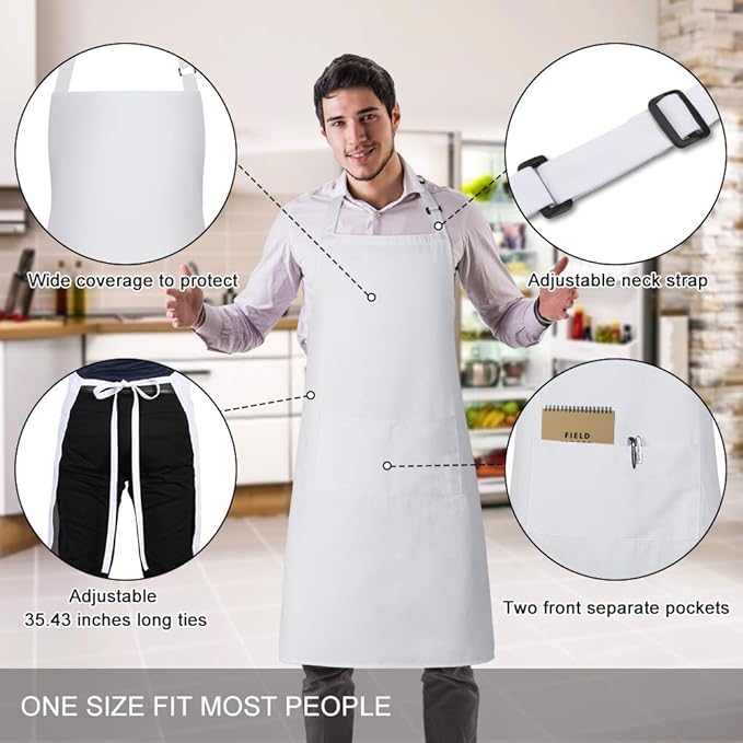 Jubatus 2 Pack Bib Aprons with 2 Pockets Cooking Chef Kitchen Apron for Women Men, White