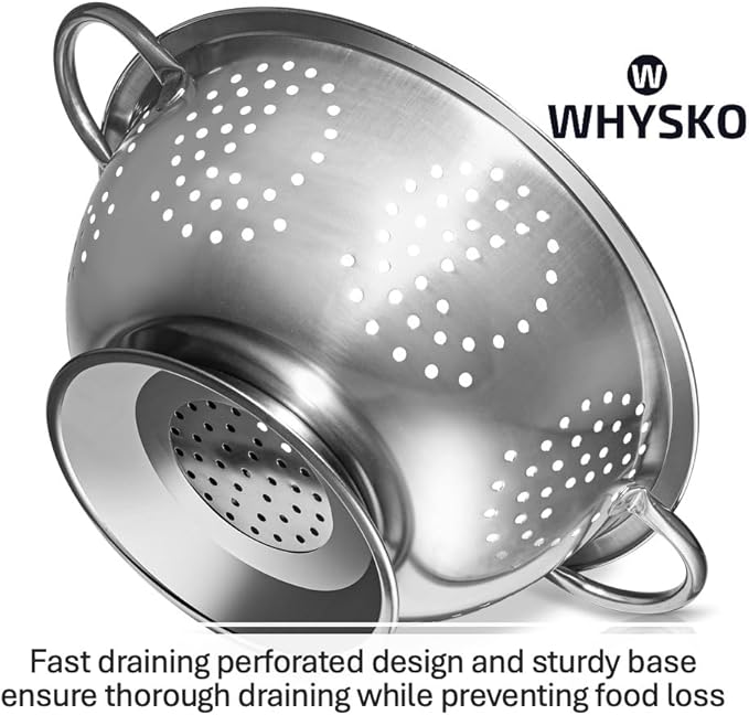 Whysko 3 Pack Stainless Steel Colanders with Handles - 5 Qt, 3 Qt, 1 Qt - Durable Colander for Kitchen Strainers and Colanders Set - Ideal Metal Colander for Pasta, Vegetables, Food Prep