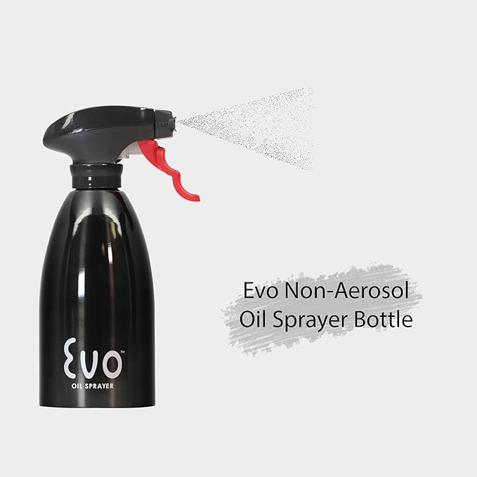 Evo Oil Sprayer 18/8 Stainless Steel, Non-Aerosol for Olive, Cooking Oils, and Vinegars, Black, 16-Ounce Capacity