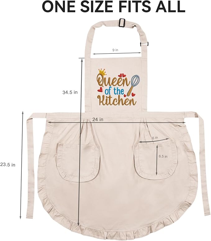 Fairy's Gift Funny Cooking Aprons for Women with Pockets, Embroidered Cute Baking Aprons - Queen of the Kitchen - Fun Mothers Day, Birthday, Cooking Gifts for Women Baker Mom Wife Girlfriend Chef