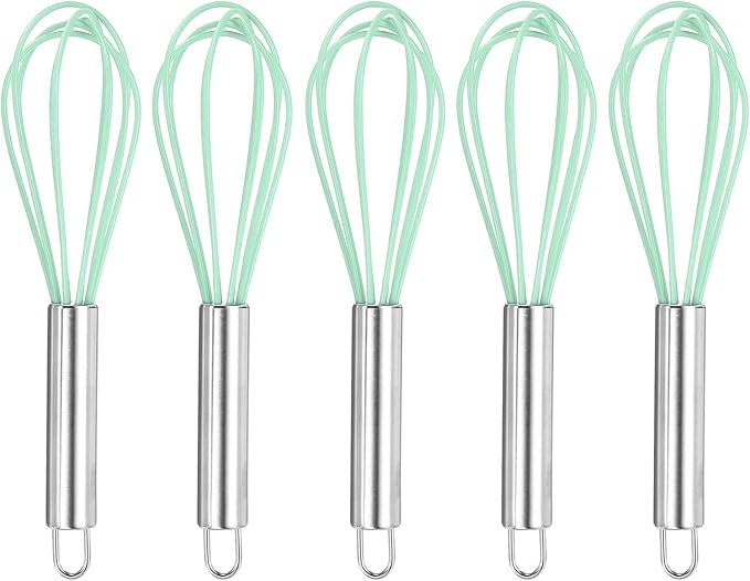 HARFINGTON 5Pcs Silicone Whisk 8" Kitchen Whisk Wire Whisks Beater with Stainless Steel Handle for Egg Milk Whisking Blending Beating & Stirring, Green