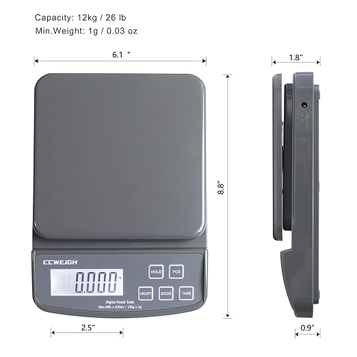 Postal Scales 26lbs/0.03oz High Precision Food Scale for Kitchen with Hold,Tare and PCS,Portable Shipping Scale for Packages, Small Kitchen Business,Jewelry,Batteries Included （Grey26lbs/1kg）