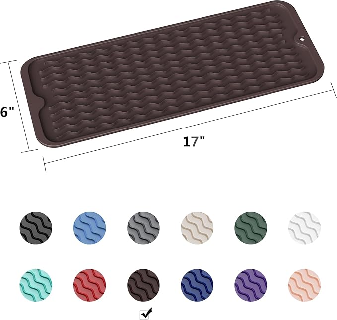ZLR Silicone Sponge Holder & Sink Caddy Tray (6" x 17") - Narrow Dish Drying Mat for Kitchen Counter - Waterproof Soap Dispenser Organizer, Non-Slip Bathroom Vanity Tray (Coffee)
