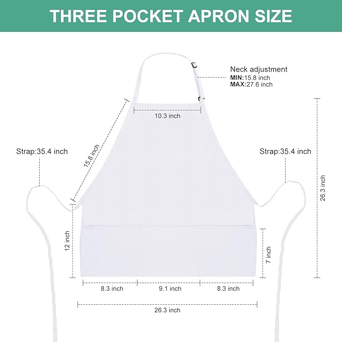 Jubatus 2 Pack 3 Pockets Adjustable Bib Apron Chef Kitchen Cooking Aprons for Women Men, White