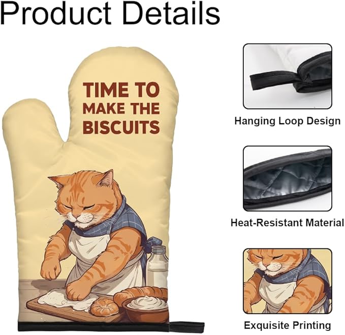 DYJYBMY Time to Make The Biscuits Funny Cat Oven Mitts and Pot Holder Set, Cute Kitchen Gadgets for Women Cat Lover, Housewarming Gifts for Hostess Cat Mom, Bake Lover Gifts for Mom Wife Sister BFF