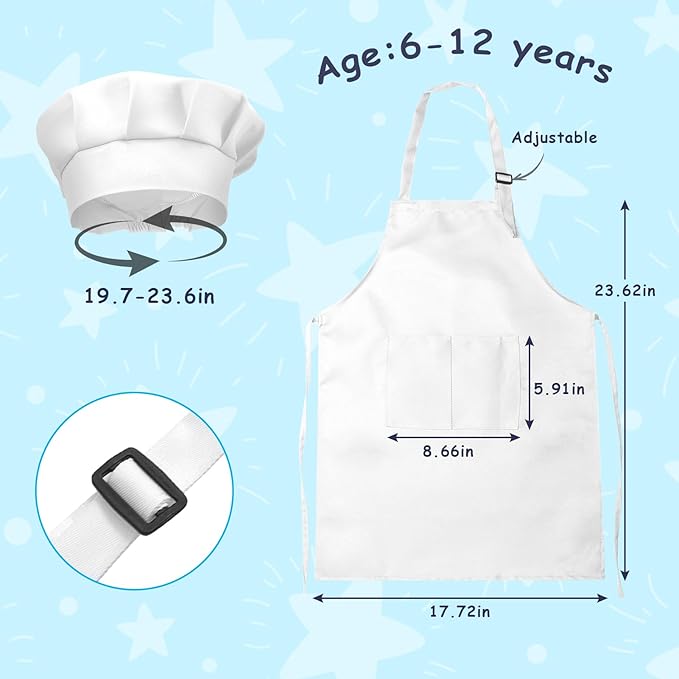 Kids Apron and Chef Hat Set, 30 Pieces Boys Girls Kids Apron with 2 Pockets Adjustable for Cooking Classroom Baking Painting, 6-13 Years, White