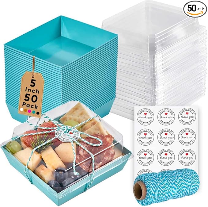 Leafiew 50 Pack Small Charcuterie Boxes with Clear Lids - To Go Paper Mini Charcuterie Box, Disposable Food Containers, 5Inch Dessert Boxes - Sandwich, Cookie, Sushi, Cake Slice, Strawberries (Blue)