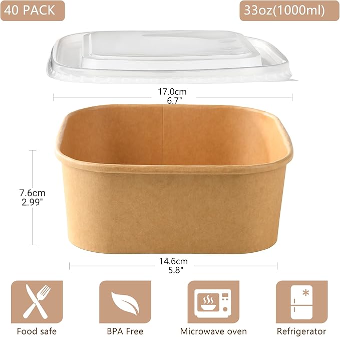 50 Sets 47oz Disposable Kraft Paper Bowls with Lids, Large Paper Food Containers with Lids, Salad Bowls for Hot/Cold Food, Fruit, Meal Prep, Takeout, Party Supplies(Square, 1400ml)