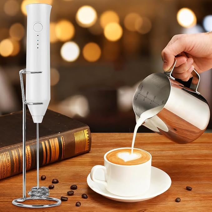 Powerful Milk Frother - Electric Handheld Milk Frother with Stand, Milk Jug and 2 Stainless Steel Blenders, Rechargeable 3 Speed Coffee Latte Cappuccino Matcha