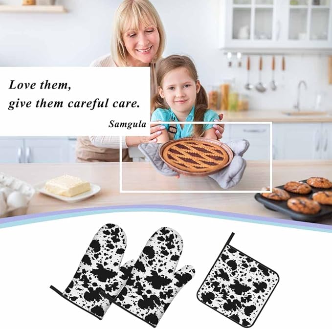 Black Brindle Oven Mitts and Pot Holders Sets Milk Cow Skin Spots Creative Heat Resistant 3pcs for Cooking Baking BBQ