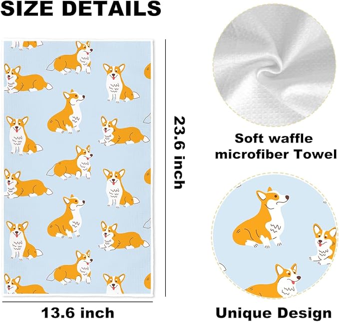 3 Pcs Cute Corgi Kitchen Towels, Cartoon Dog Decorative Absorbent Microfiber Dish Cloth Tea Towel, Waffle Soft Hand Towels for Kitchen Home Bathroom, Dog Lover Gifts for Women