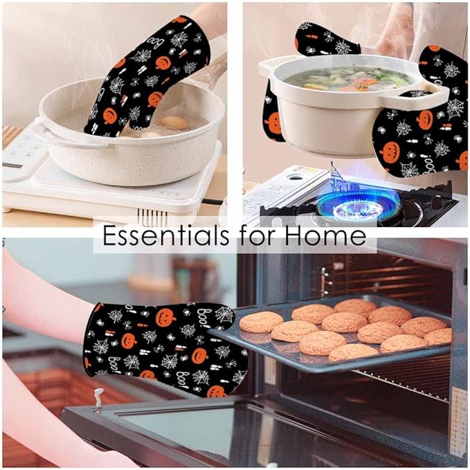 Halloween Oven Mitts and Pot Holders Sets Jack Lantern Pumpkins Candles Spiders Boo Heat Resistant 3pcs for Cooking Baking BBQ