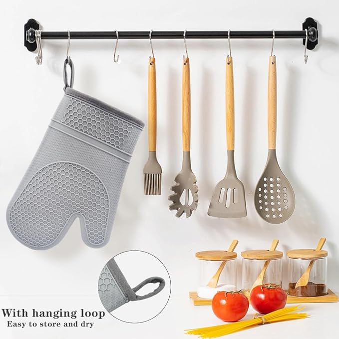Silicone Oven Mitts Heat Resistant to 500ºF - [Ultra Heat Resistant] [Thickened Liner] [Waterproof Silicone] Kitchen Oven Gloves Mittens for Cooking, 1 Pair (Grey)