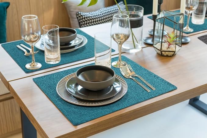 homing Cotton Linen Placemats Set of 4, Cloth Washable Farmhouse Dining Table Mats for Indoors & Outdoors, Easy to Clean, Teal, 13 x 19 Inch