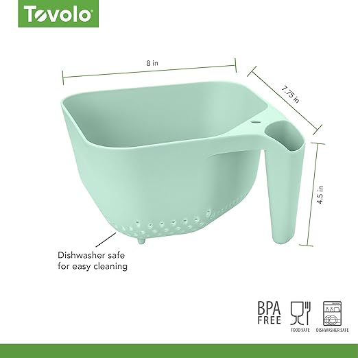 Tovolo Elements Square Colander with Handle Strainer Basket for Pasta Fruit Berries Veggies, Easy to Clean BPA Free Heat Resistant Plastic Colander with Spout 3 Quart Kitchen Strainer, Mint Green