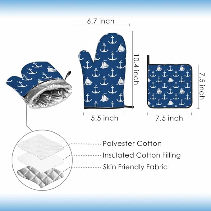 Ship Anchor Oven Mitts and Pot Holders Sets Sailing Vessel Sea Travel Heat Resistant 3pcs for Cooking Baking BBQ