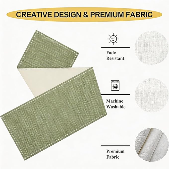 Niviy Green Boho Table Runner, 12x72 Inch Washable Easy to Clean Farmhouse Sage Green Table Runners for Holiday Party Kitchen Dining Room Decoration