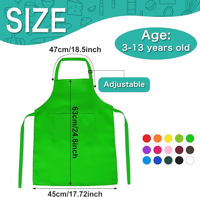 PLULON 18 Pcs Kids Aprons with 2 Pockets Painting Aprons for Kids Aprons Bulk, Paint Apron Adjustable Children Chef Aprons for Girls Boys Painting Baking Cooking Crafting - Multicolor