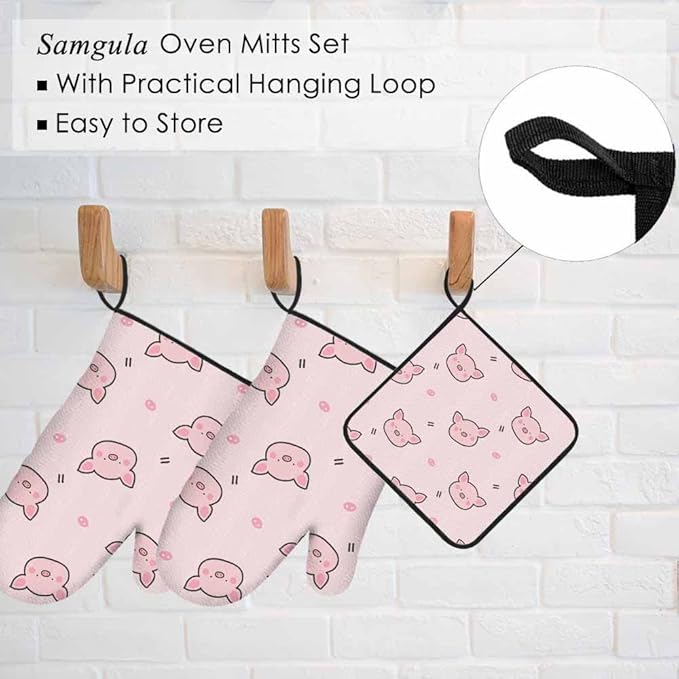 Pink Pig Oven Mitts and Pot Holders Sets Kawaii Face Lovely Heat Resistant 3pcs for Cooking Baking BBQ