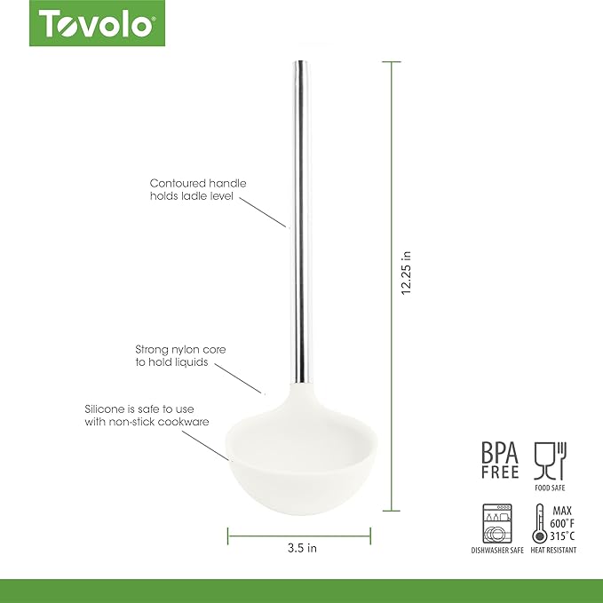 Tovolo Silicone Ladle With Stainless Steel Handle Deep Soup Ladle for Cooking Canning Serving Soup Punch Stew Sauce, Large Kitchen Utensil Spoon Dishwasher Safe BPA Free Silicone White