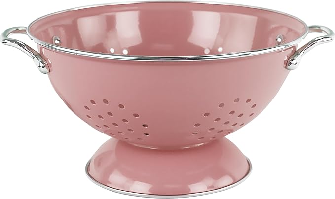 Reston Lloyd, 3 Quart Powder Coated Steel Kitchen Strainer Basket for draining Pasta, Vegetable and Fruit, Chrome Handles and Wide Stable Base, Pink